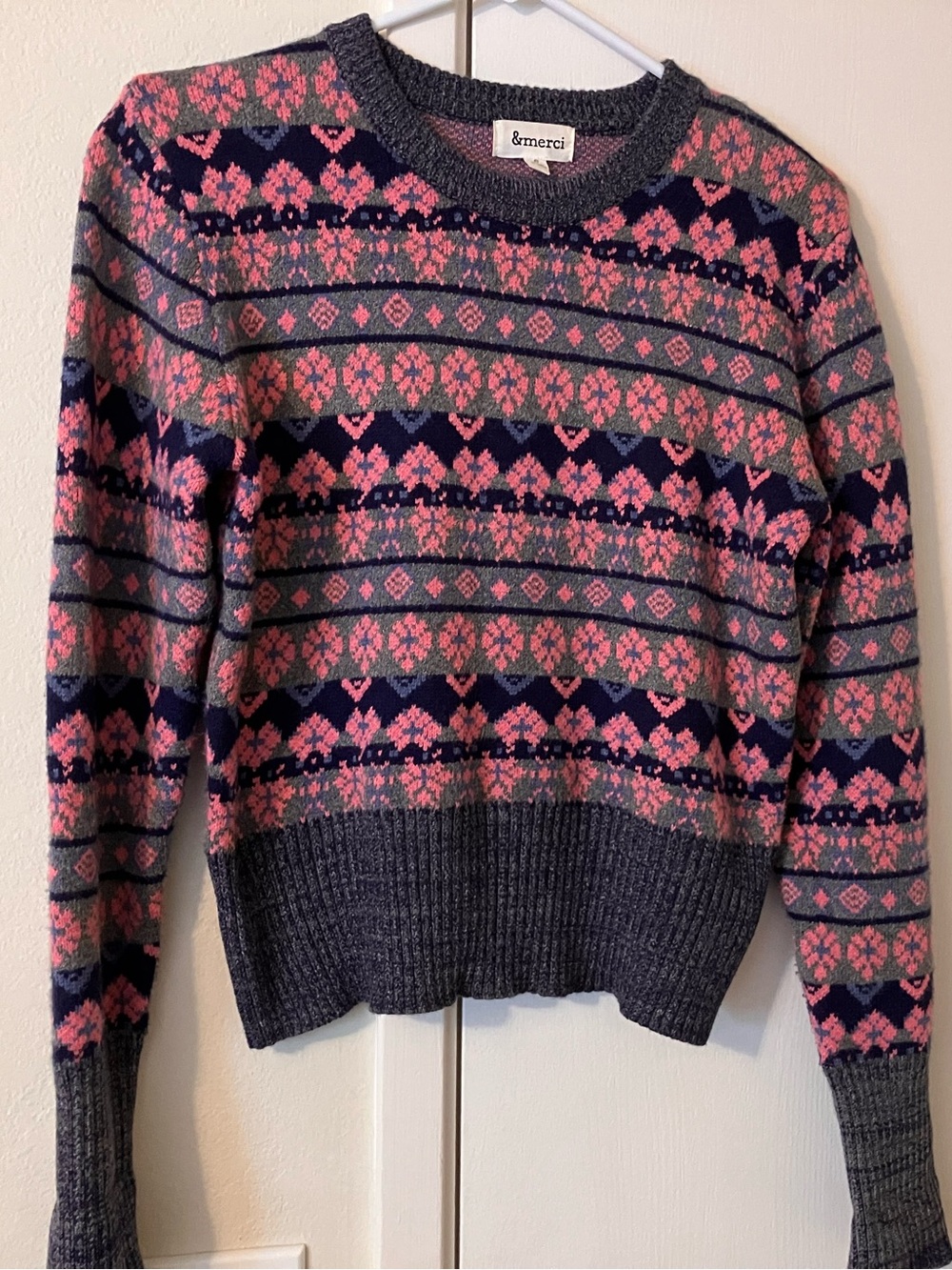 &Merci Women's Pink and Gray Fair Isle Knit Sweater